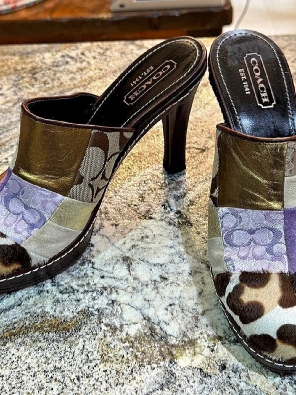 Coach Sebrina Patchwork Clog Patchwork Mules Brown & Purple
